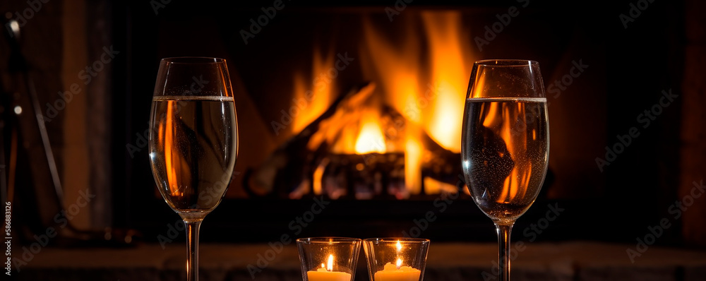 generative ai illustration of 2 champagne glasses on glass table in front of cozy fireplace with fire