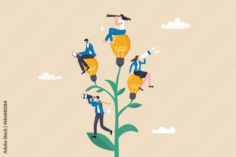 Corporate culture or employee value, organization, team success or career growth, community or company growth participation, HR concept, business people employee working on growing lightbulb plant. - obrazy, fototapety, plakaty 