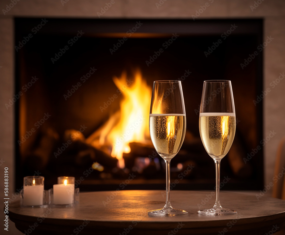 generative ai illustration of 2 champagne glasses on glass table in front of cozy fireplace with fire generative ai illustration of 2 champagne glasses on glass table in front of cozy fireplace with fire