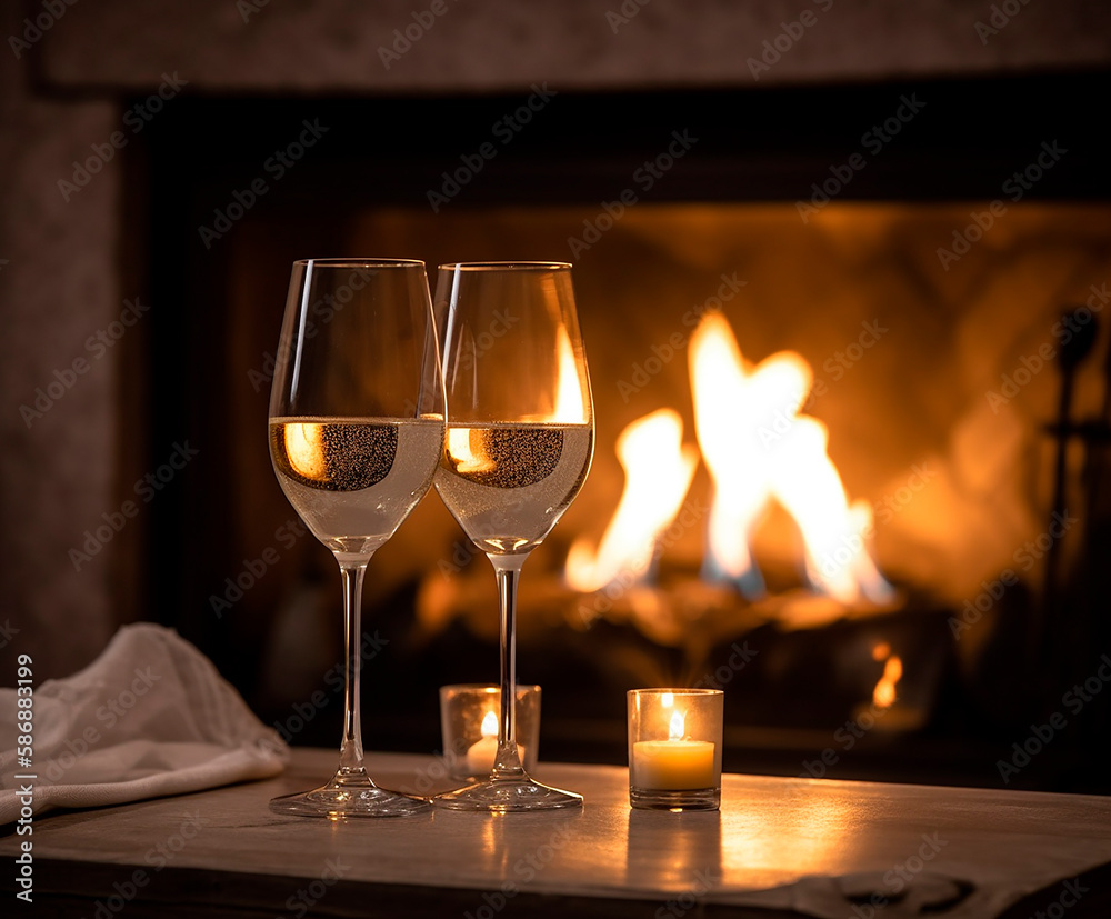 generative ai illustration of 2 champagne glasses on glass table in front of cozy fireplace with fire