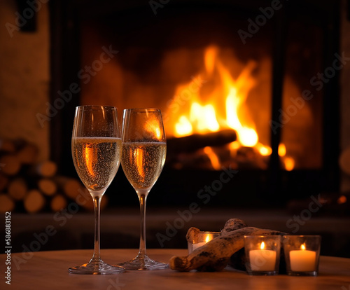 generative ai illustration of 2 champagne glasses on glass table in front of cozy fireplace with fire