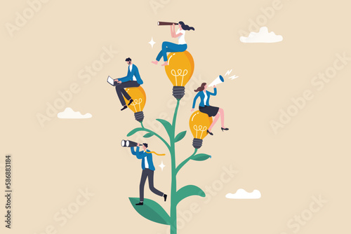 Corporate culture or employee value, organization, team success or career growth, community or company growth participation, HR concept, business people employee working on growing lightbulb plant. photo