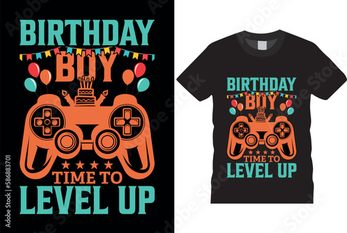 Birthday boy Video games vector illustration typography joysticks gaming controller texts console vectors and gamer t-shirt designs. Gamepad poster graphics text quote apparel funny t-shirts template.