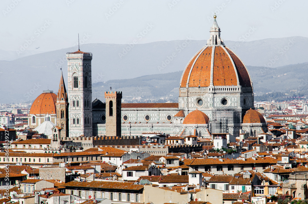 Cattedrale di Santa Maria del Fiore and ancient roofs in Florence stock photo