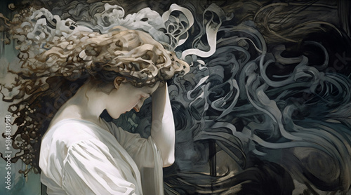 Symbolist painting of a woman with her head lowered, standing against a sombre gray swirling background. Artwork representing the effect of depression on the mind. Generative AI.