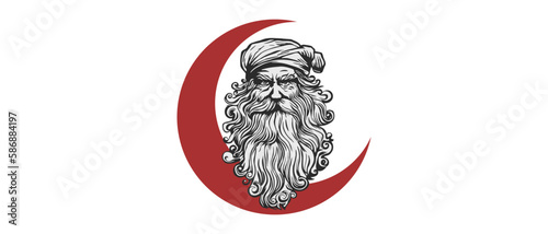 Vector brutal serious menacing old man in a turban with a big beard. Oriental ancient sage. Muslim grandfather philosopher and crescent moon. Logo, sticker or icon. Isolated background.