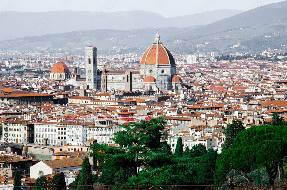 Beautiful panorama of Florence with green trees and mountains, stock photo