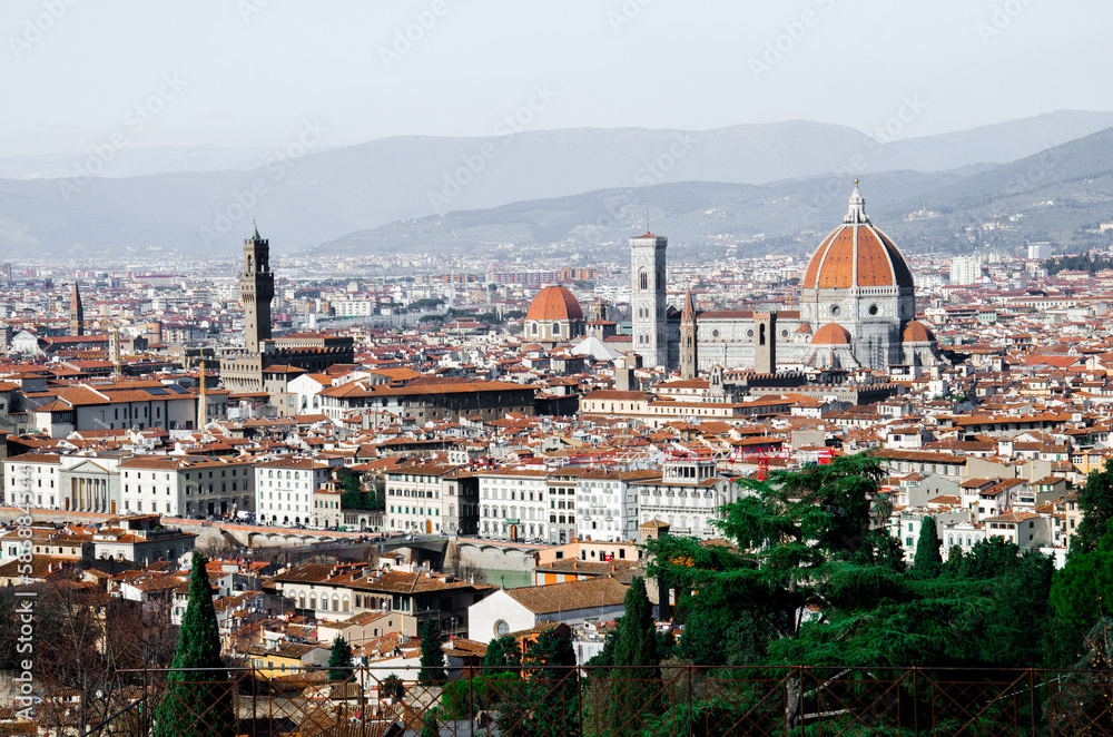 View of Santa Maria del Fiore and old roofs of Florence in Italy stock photo