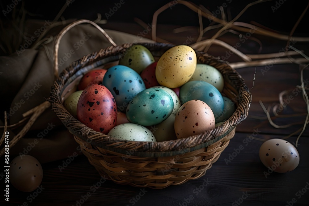 basket filled with colorful Easter eggs. Generative AI basket filled with colorful Easter eggs. Generative AI