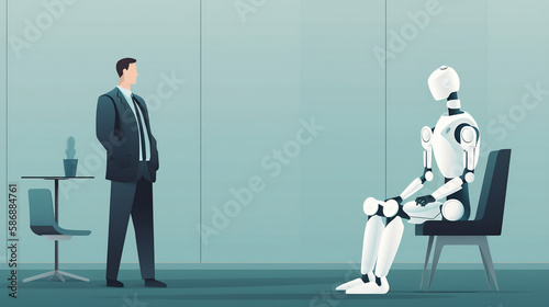 Business people and humanoid robot waiting for a job interview, Man and AI robot waiting for a job interview. Generative AI.