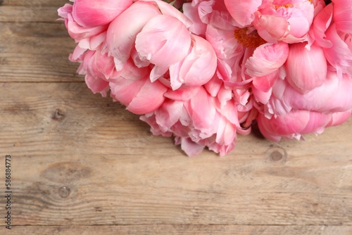 Beautiful pink peonies on wooden table, closeup. Space for text © New Africa