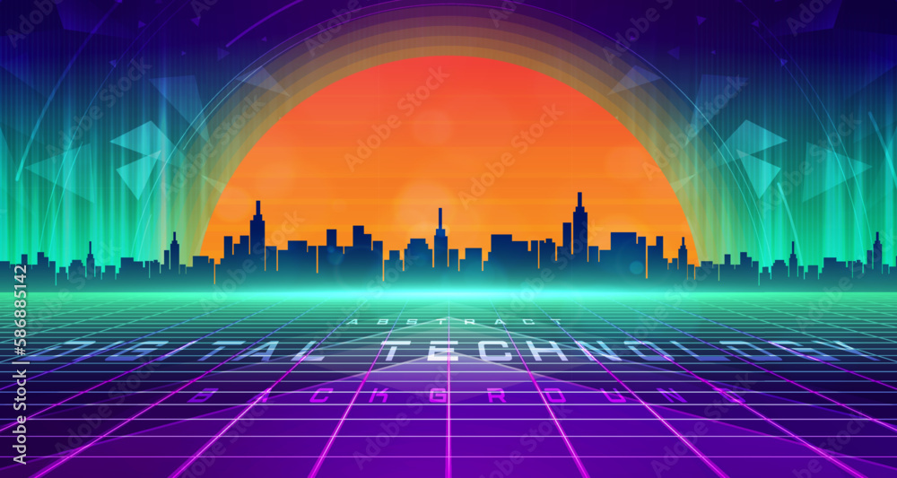 Digital technology metaverse neon blue green background, cyber information, abstract speed connect communication, retro city future meta tech, internet network connection, Ai big data illustration 3d