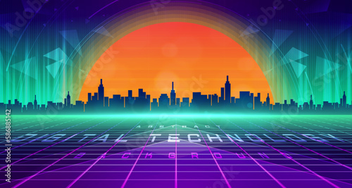 Digital technology metaverse neon blue green background, cyber information, abstract speed connect communication, retro city future meta tech, internet network connection, Ai big data illustration 3d