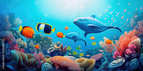 Ocean life in a pleasant  pristine underwater landscape - Generative AI
