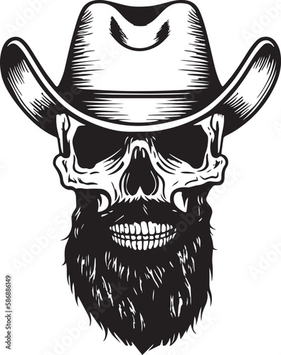 Skull with a beard in a cowboy hat Vector illustration, SVG
