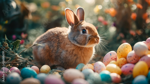 Easter scene with bunny and flowers and painted eggs, Generative AI