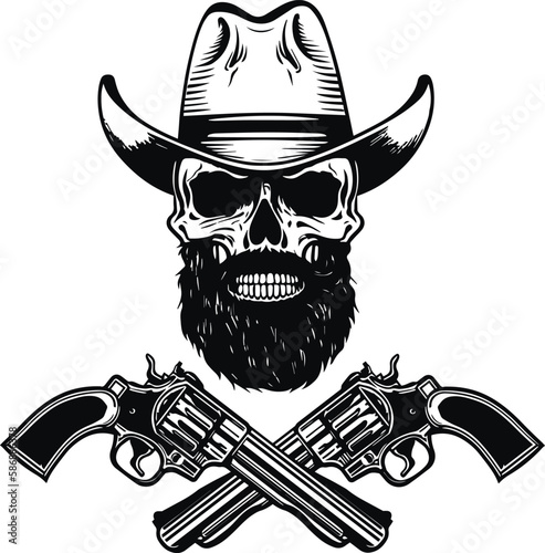 Cowboy skull in a western hat and a  crossed gun revolver Vector illustration