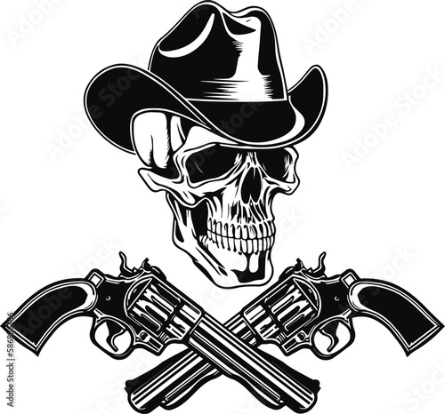 Cowboy skull in a western hat and a  crossed gun revolver Vector illustration