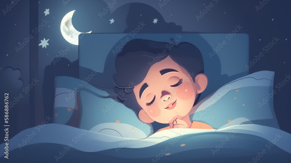 The moonlight illuminates the peaceful sleeping face of the child. Generative AI The moonlight illuminates the peaceful sleeping face of the child. Generative AI