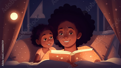An afro mother and child bond over their love of reading, creating lasting memories. Generative AI