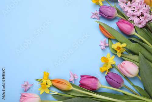 Fototapeta Naklejka Na Ścianę i Meble -  Beautiful flowers on light blue background, flat lay. Space for text
