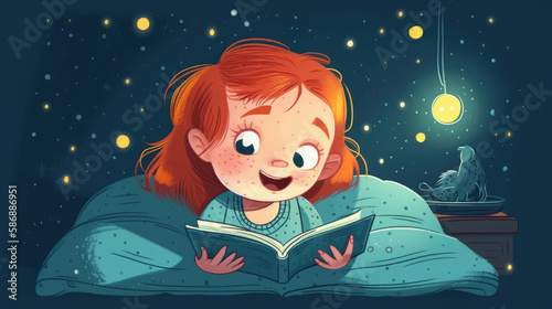 A smiling red hair child snuggled up with their favorite book, lost in its pages as they drifted off to sleep. Generative AI