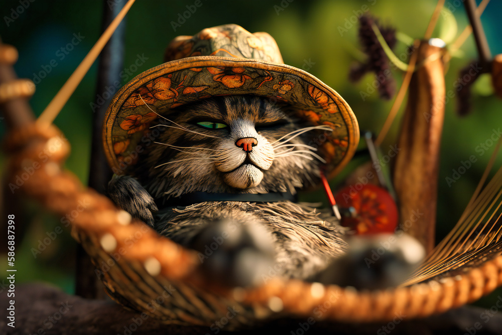 A relaxed cat wearing a straw hat and sunglasses, napping in a hammock with a fishing rod in paw and a content expression A relaxed cat wearing a straw hat and sunglasses, napping in a hammock with a fishing rod in paw and a content expression