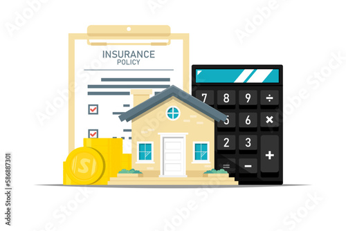 Income for future housing insurance concept, Housing with clipboard, money, calculator on isolated background, Digital marketing illustration.