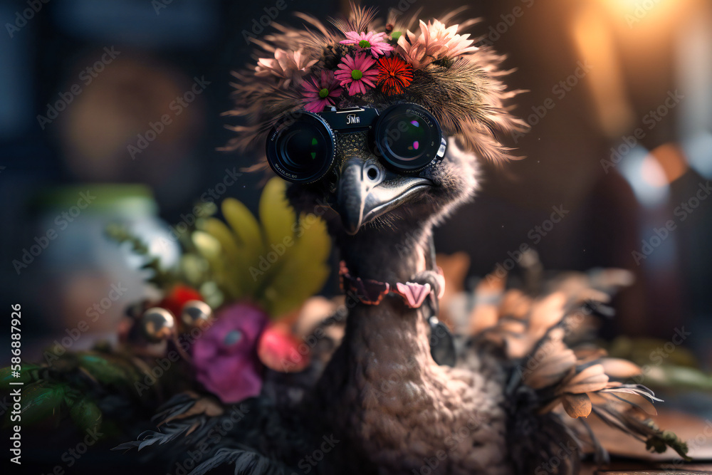 A goofy-looking ostrich wearing a flower crown and sunglasses, striking a pose while holding a camera in its beak