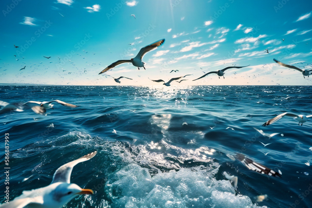 A group of seagulls diving into the ocean to catch fish, their wings