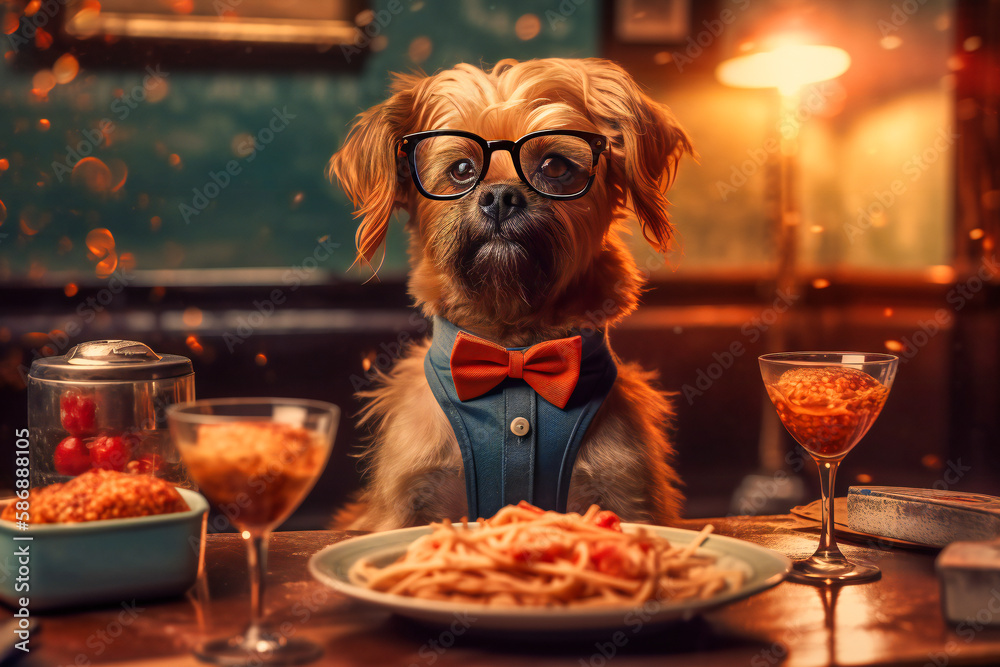 Obraz premium A happy dog wearing a bowtie and sunglasses, sitting at a table with a bowl of spaghetti and meatballs while looking content