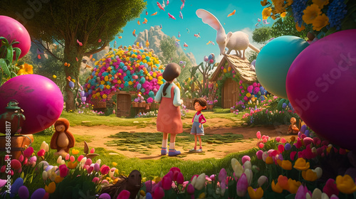 An Otherworldly Easter Vacation - Fantasy Easter Forest and egg hunt adventure in a lush green garden with playful children and otherworldly creatures. Generative AI.