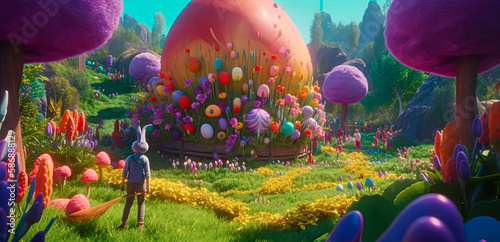 Easter egg hunt in a magical lush otherly world. Generative AI.