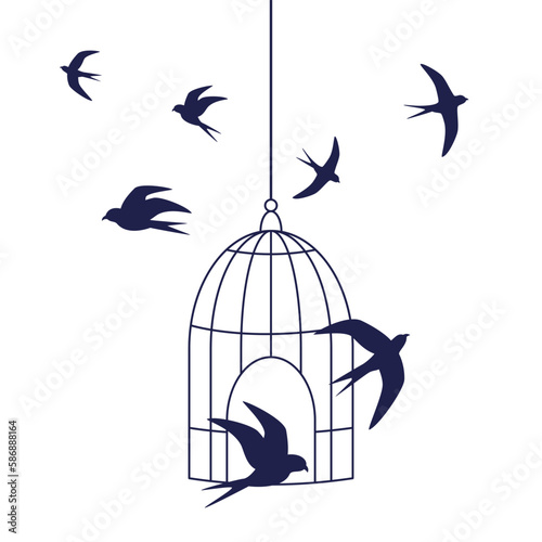 freedom concept with birds flies away from open cage