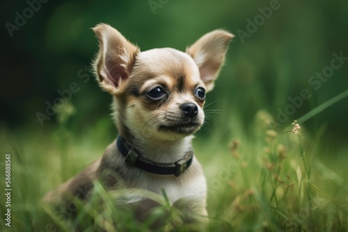 Chihuahua puppy on a green backdrop. Generative AI