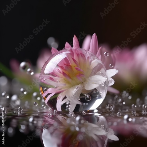 beautiful pink flower inside a glass bubble with water drops, generative AI