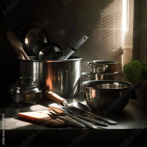 chrome shiny clean still cooking pots and pans in the kitchen and foggy cun light, generative AI