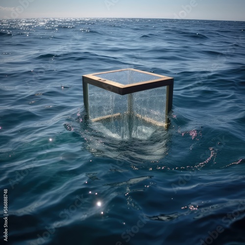glass cube box in the blue ocean, generative AI