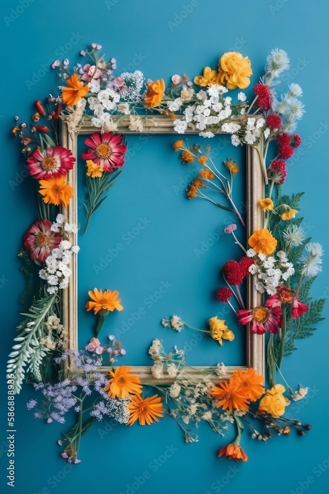 colorful flowers frame on blue background
