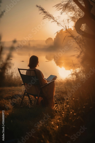 woman sitting on chair by the river at sunrise