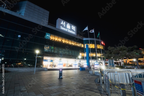 Seoul Station major railway station during night time in Seoul , South Korea : 9 February 2023