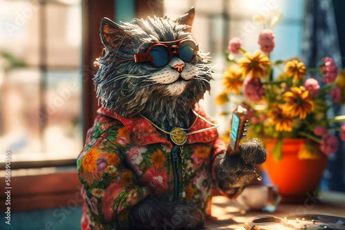 A cheerful cat wearing a flowery summer dress and sunglasses, playing with a ball of yarn on a sunny windowsill