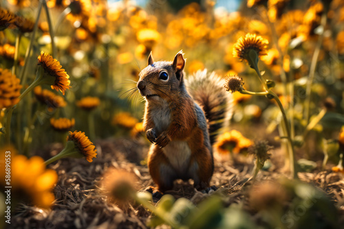 A mischievous squirrel frolicking in a field of sunflowers, trying to catch butterflies with his paws