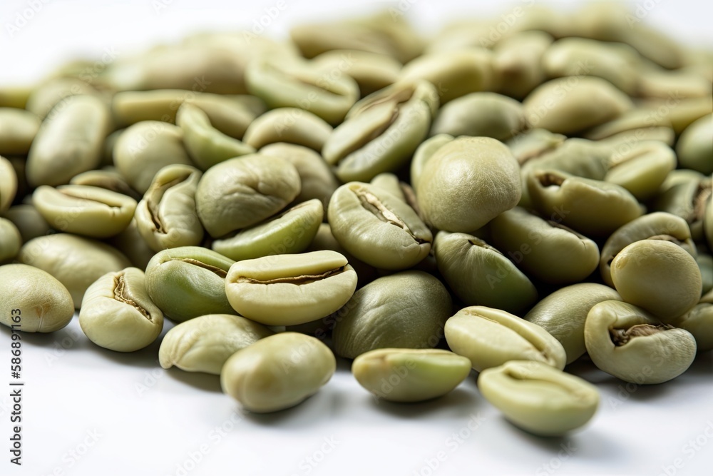 close up of green coffee beans isolated on a white backdrop. looking up. Lay flat. Generative AI close up of green coffee beans isolated on a white backdrop. looking up. Lay flat. Generative AI