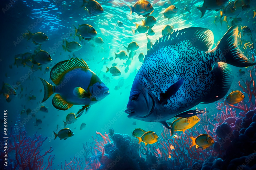 Fototapeta premium The underwater world in the ocean with fish corals and algae at the bottom of the sea in the sunlight underwater. Marine flora and fauna. Generative AI.