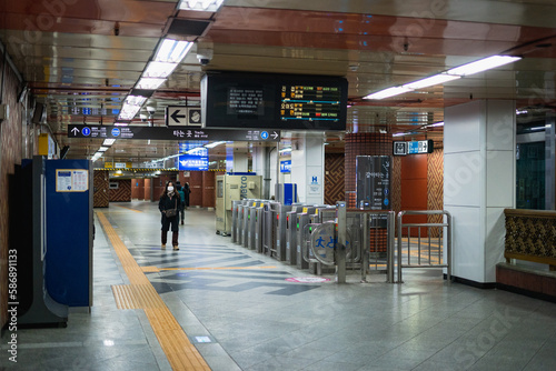 Seoul Metro or subway station atmosphere interior and exterior at Seoul , South Korea : 3 February 2023