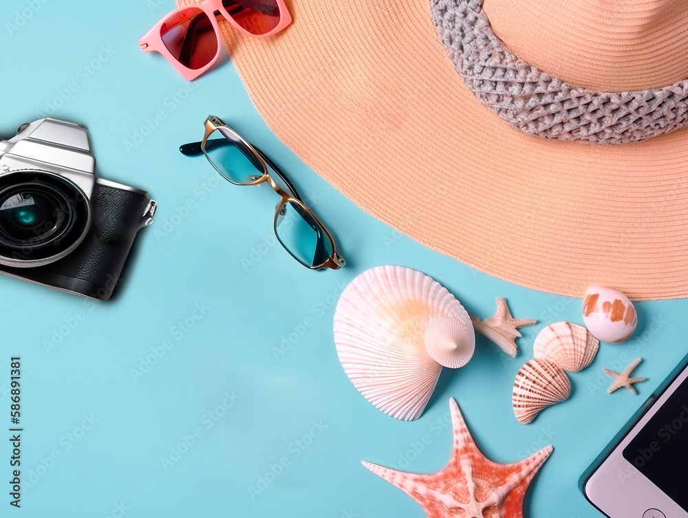 Naklejka premium Top view photo of camera hat glasses seashells and starfish on isolated background. generated with AI
