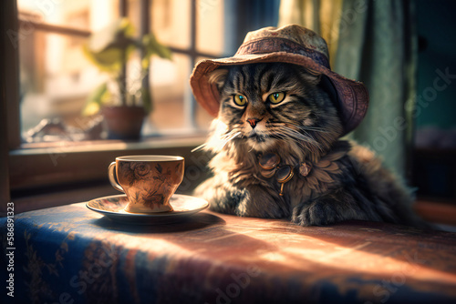 A content-looking cat wearing a summer hat and sunglasses, lounging on a windowsill with a cup of tea in paw and a serene expression
