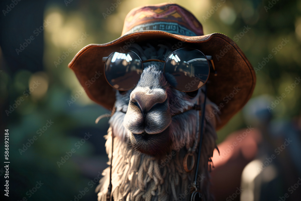 A goofy-looking llama wearing a sun hat and sunglasses, sticking out its tongue and winking at the camera A goofy-looking llama wearing a sun hat and sunglasses, sticking out its tongue and winking at the camera