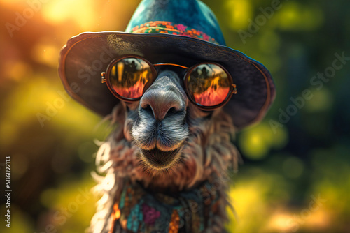 A goofy-looking llama wearing a sun hat and sunglasses  sticking out its tongue and winking at the camera